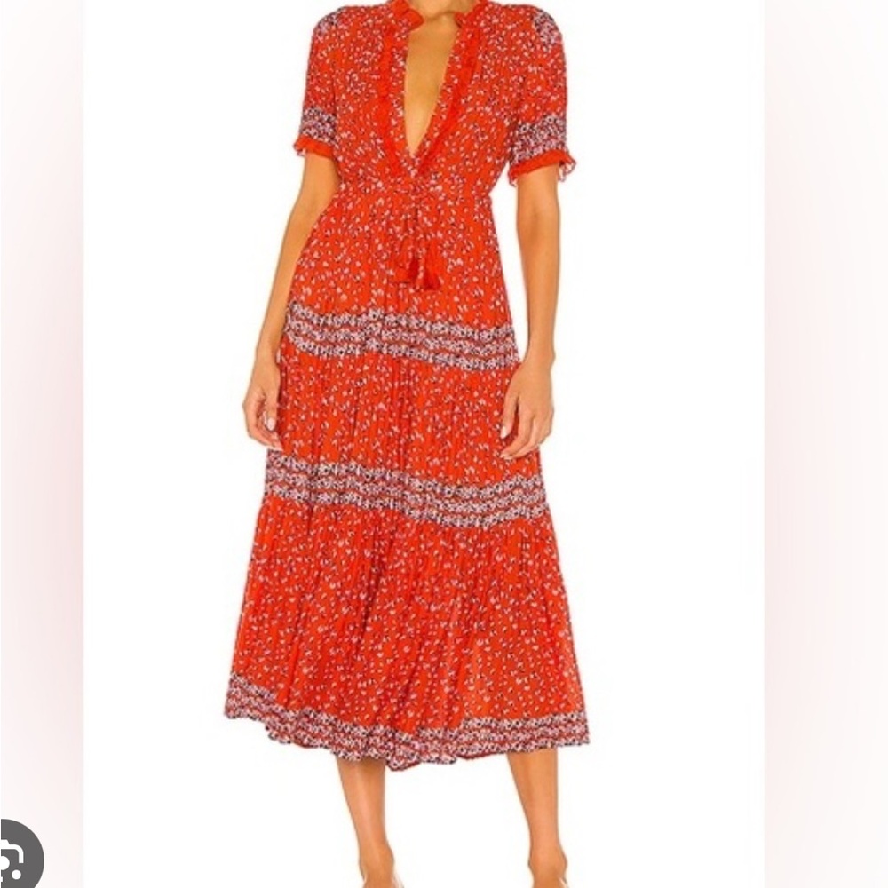 Free People Vibrant Orange Red Floral Midi Dress So soft and flowy and beautiful
